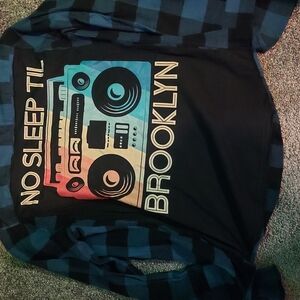NO SLEEP TIL BROOKLYN  Plaid Graphic Long Sleeve Shirt UPCYCLED SIZE SMALL